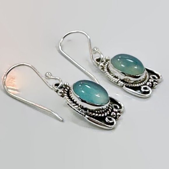 Chalcedony Earrings, Sterling Silver, Pierced, Blue Stone, Dangle Earrings - Picture 4 of 4